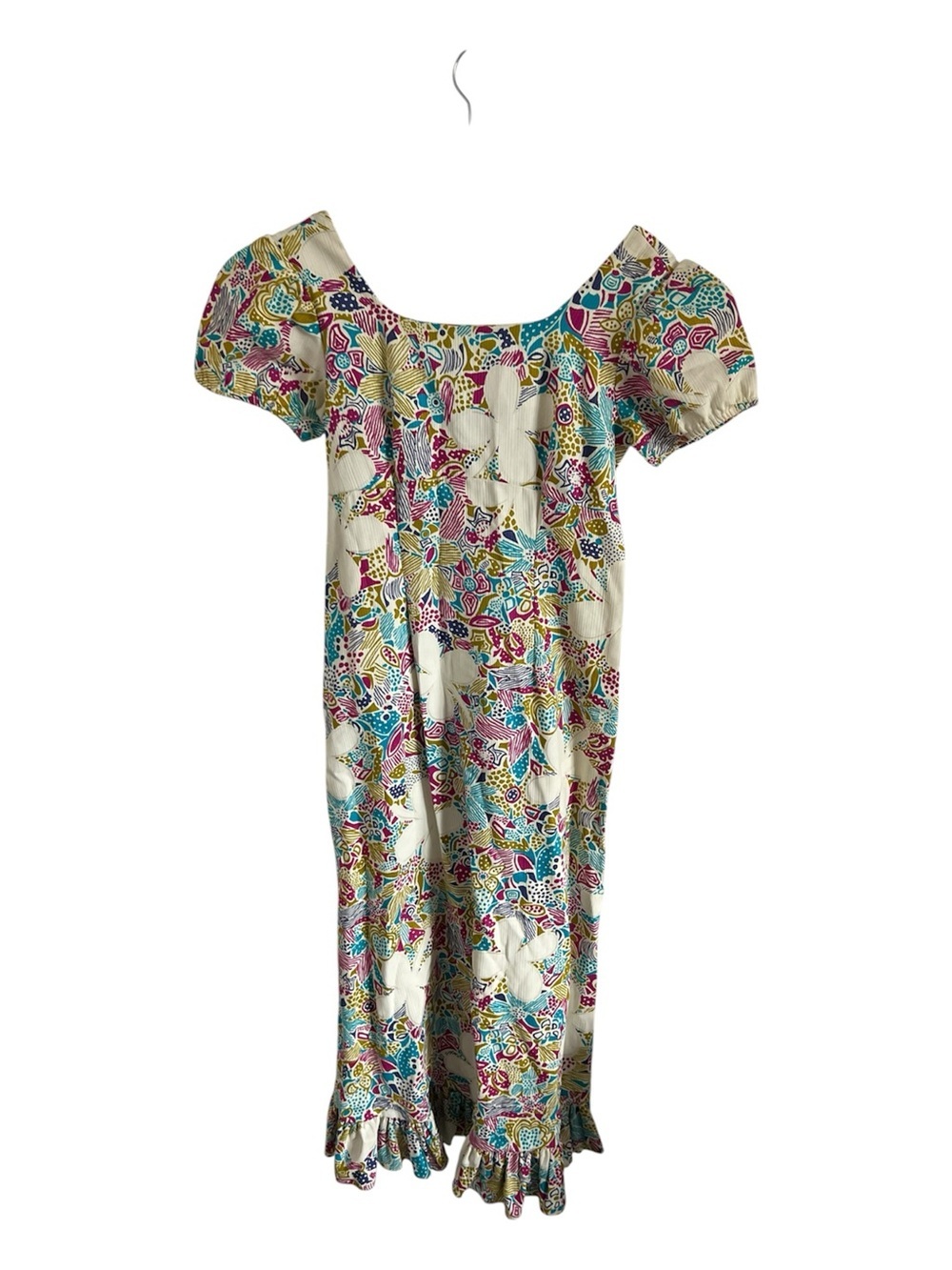 VTG 1960s Tommies Floral Puff Sleeve Maxi Dress in Cream with Teal & Pink